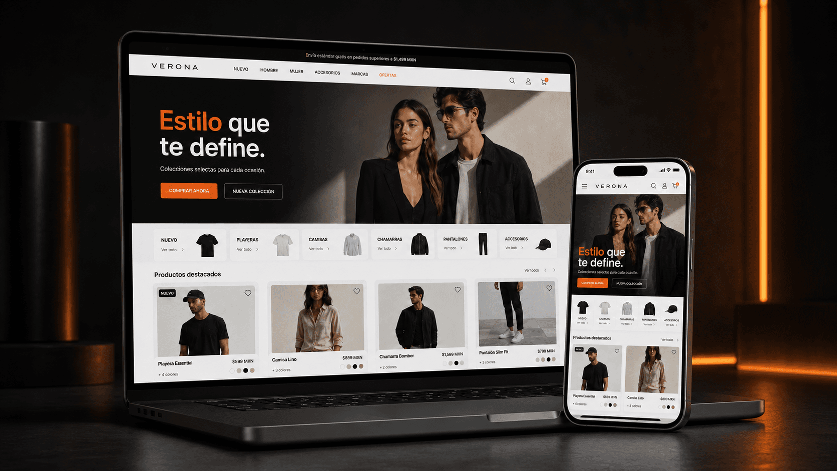 Laptop y teléfono mostrando una tienda en línea construida con Ordio